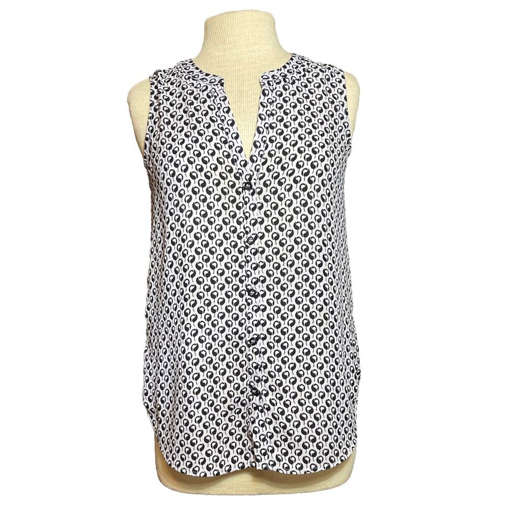 ANN TAYLOR Women’s Size XS Polyester Blouse Sleeveless Black White Button Front0